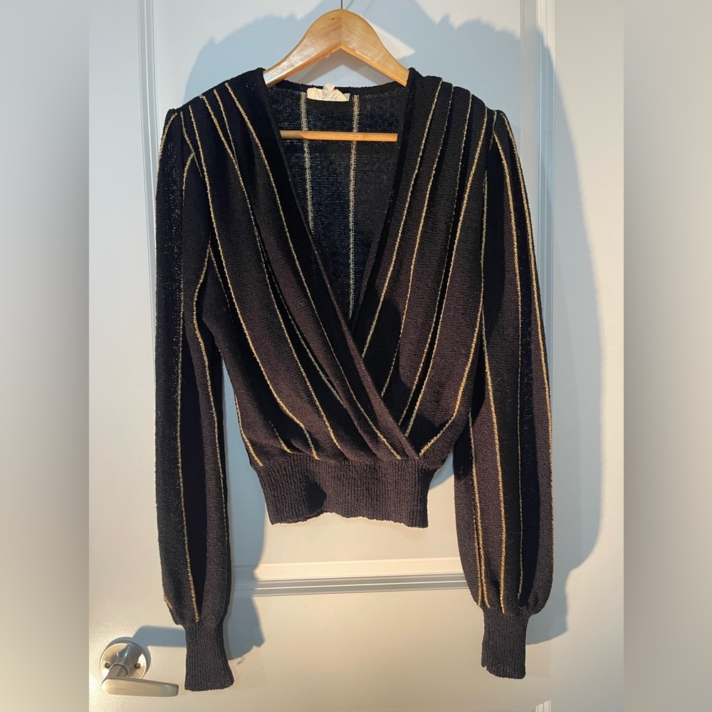 Vintage Casual Corner Black with Gold Metallic Strips Long Sleeve Shirt